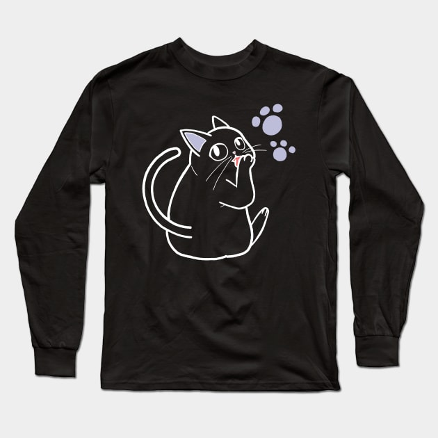 Cute Chubby Cat Licking Paw Drawing Long Sleeve T-Shirt by MariOyama